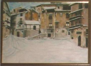 La plaza mayor de Albarracín nevada. Obra del pintor Juan Gómez Martínez