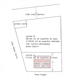 Plano con la solución propuesta. En la parcela A se reubica el edificio de la Rosaleda. En la parcela B se edificarán los 3.740 m2.