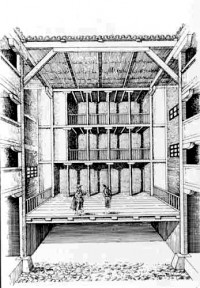 dibujo de Ramón Rodríguez, con la visión frontal del escenario del corral de comedias con énfasis en el foso