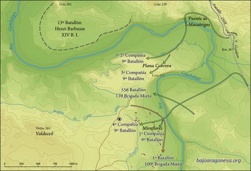 Movimientos del 9º Batallón Commune de Paris y otras unidades entre el 18 y 19 de marzo de 1938 en el área de Miraflores. El círculo concéntrico indica la situación de la fosa hallada.