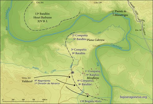 Ataque del 19 por la tarde del 4º Regimiento de la 1ª División de Navarra sobre el 9º Batallón Commune de Paris y la 139 B.M. El círculo concéntrico indica la situación de la fosa hallada.