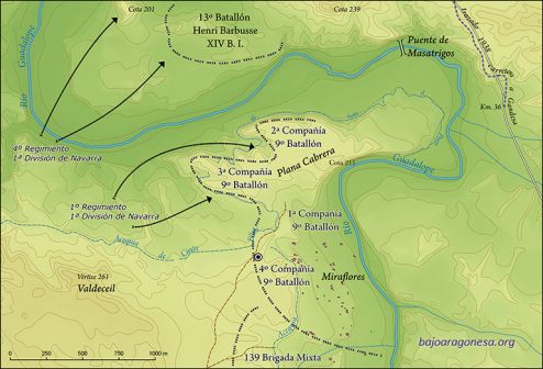 Ofensiva del día 26 de marzo de 1938 de la 1ª División de Navarra. Situación de las líneas de defensa republicanas tras la jornada. El círculo concéntrico indica la situación de la fosa hallada.