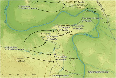 Ofensiva del día 27 de marzo de 1938 de la 1ª División de Navarra. Situación de las líneas de defensa republicanas tras la jornada. El círculo concéntrico indica la situación de la fosa hallada.